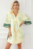 Multicolour Boho Print V Neck Empire Waist Short Kimono Dress