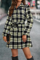 Lantern Sleeves Tie Waist Plaid Dress 