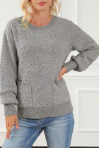 Gray Double Pockets Ribbed Trim Popcorn Knit Sweater