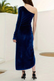 One Shoulder Side Ruched Split Velvet Dress
