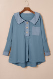Sky Blue Waffle Knit Buttoned Long Sleeve Top