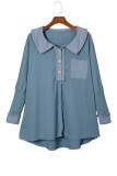 Sky Blue Waffle Knit Buttoned Long Sleeve Top
