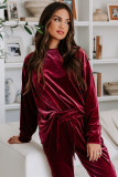 Fiery Red Solid Velvet Two Piece Athleisure Outfit