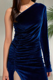 One Shoulder Side Ruched Split Velvet Dress