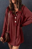 Red Waffle Knit Buttoned Long Sleeve Top