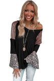 Black Sequin Patchwork Bell Sleeve V Neck Tunic Top