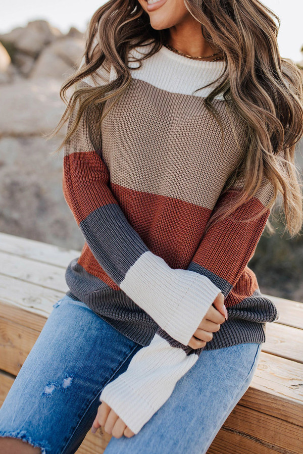 Color Block Knitted O-neck Pullover Sweater