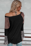 Black Sequin Patchwork Bell Sleeve V Neck Tunic Top