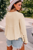 White Waffle Knit Button Detail Exposed Seam Flowy Top