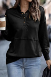 Black Ribbed Hem Snap Button Neckline Sweatshirt with Pocket