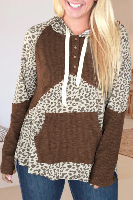 Leopard Print Ribbed Patchwork Buttoned Hoodie