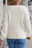 White Floral Crochet Sleeve Ribbed Knit Sweater