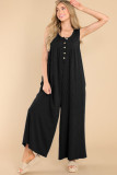 Black Sleeveless Buttons Wide Leg Rib Knit Jumpsuit