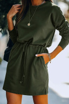 Army Green Drawstring Waist Sweatshirt Dress