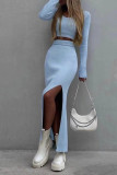 Plain Rib Knit Crop Top With Split Skirt Two Pieces Dress