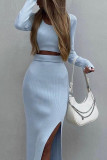 Plain Rib Knit Crop Top With Split Skirt Two Pieces Dress