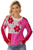 Rose Red Floral Mixed Color Block Sweater