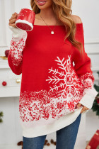 Red Off Shoulder Christmas Pattern Sweater