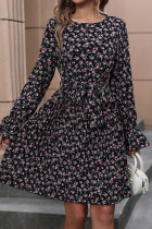 Black Floral Printing Mini Dress 