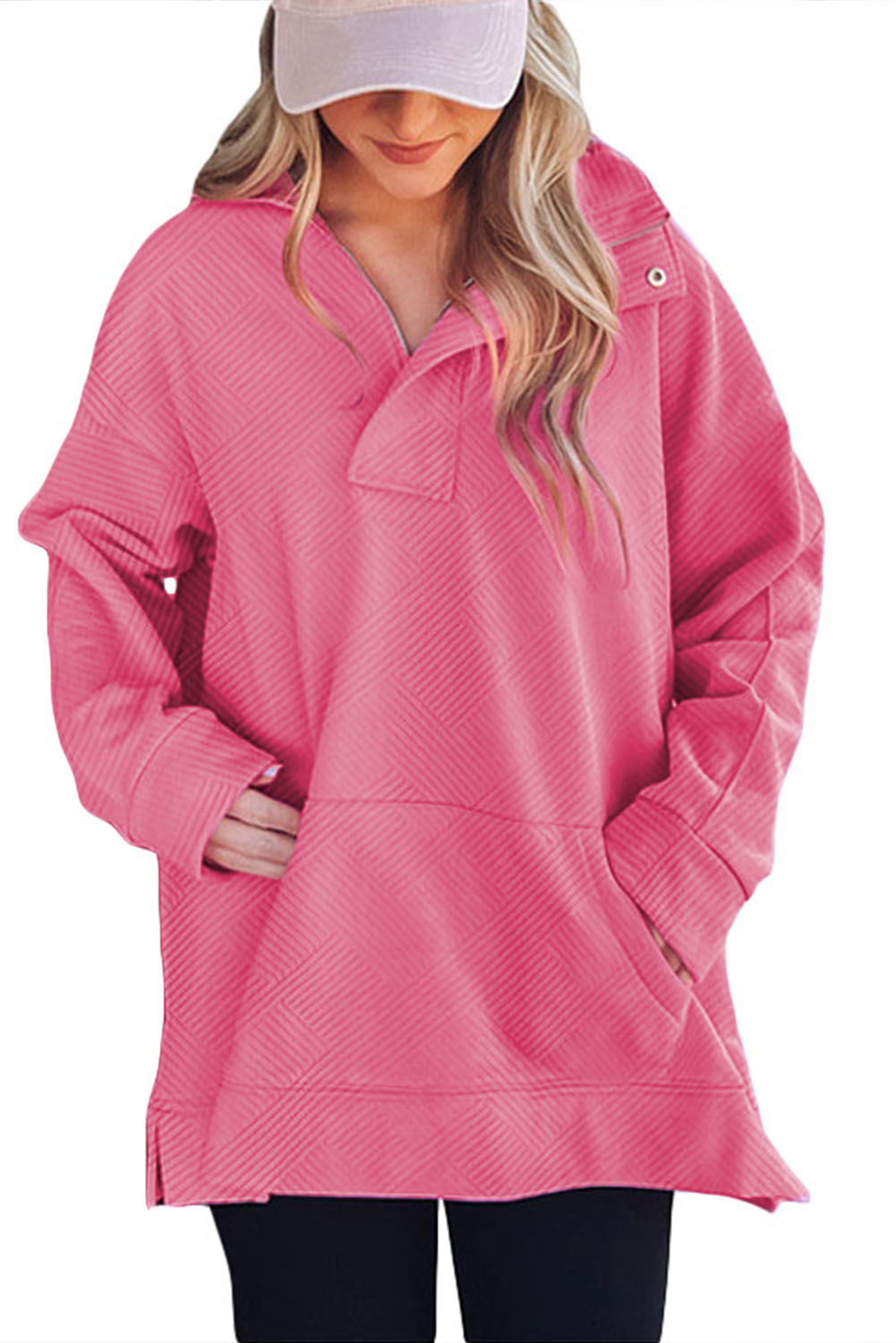 US$ 21.00 - Bright Pink Textured Zipped Neckline Kangaroo Pocket