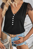 Black V Neck Button Lace Short Sleeves Top