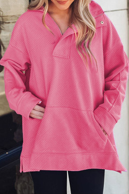 Bright Pink Textured Zipped Neckline Kangaroo Pocket Sweatshirt