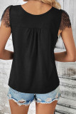 Black V Neck Button Lace Short Sleeves Top