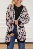 Leopard Contrast Trim Pocketed Open Cardigan