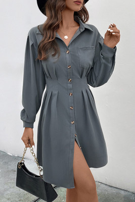 Grey Button Up SHirt Split Dress 