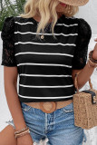 Blace Stripe Puff Lace Sleeves Top