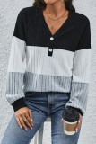 Color Block V Neck Buttoned Rib Long Sleeves Top
