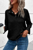 Black Textured Knit Buttoned Kangaroo Pocket Sweatshirt