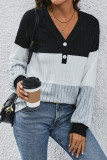 Color Block V Neck Buttoned Rib Long Sleeves Top