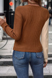 Brown Color Block Twisted Waffle Knit Long Sleeves Top