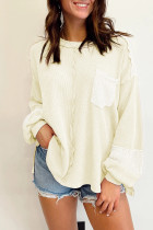 White Exposed Seam Patchwork Bubble Sleeve Waffle Knit Top