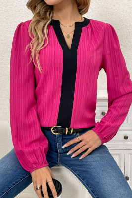 Rose V Neck Contrast Tape Puff Blouse