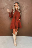 Chestnut Corduroy Tiered Frilled Pockets Buttoned Mini Dress