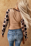 Brown Printed Leopard Patchwork Color Block Textured Ribbed Top