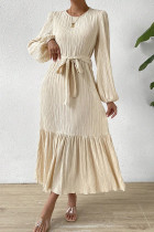 Beige Pleated Maxi Dress With Belt