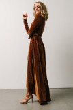 Chestnut Ribbed Velvet Wrap Long Sleeve Maxi Dress