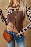 Brown Printed Leopard Patchwork Color Block Textured Ribbed Top