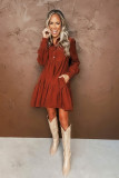 Chestnut Corduroy Tiered Frilled Pockets Buttoned Mini Dress