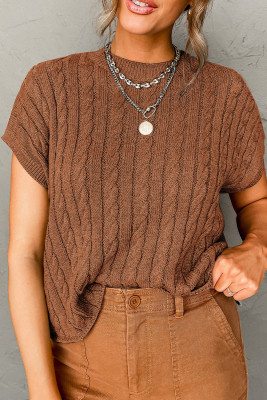 Chestnut Crew Neck Cable Knit Short Sleeve Sweater