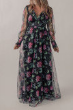 Black Mesh Sheer Shirred High Waist Floral Maxi Dress