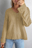 V Neck Button Stitching Knitting Pullover Top 