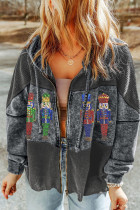 Gray Plus Size Nutcracker Graphic Waffle Patchwork Hooded Jacket