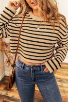 Light French Beige Striped Knit Drop Shoulder Crewneck Cropped Sweater