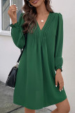 Green V Neck Pin-Tucked Puff Dress