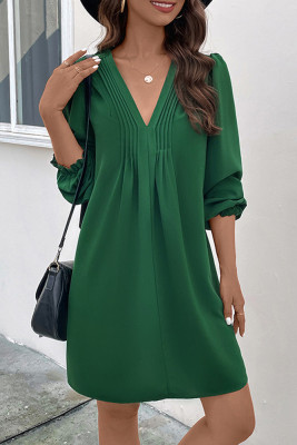 Green V Neck Pin-Tucked Puff Dress
