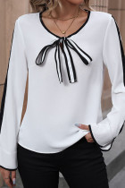 White Contrast Black Tape Front Tie Blouse